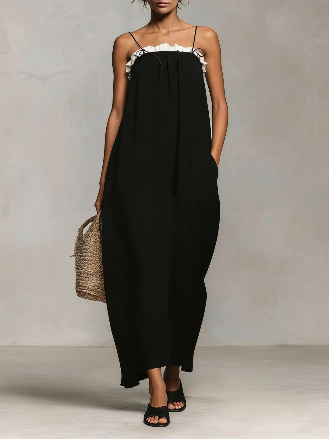 Mirelle™ | Kleurblok Maxi Jurk met Spaghettibandjes