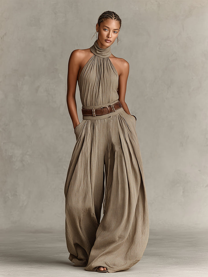 Caterina | Tuta met wijde pijpen in taupe met een boho-stijl halternek