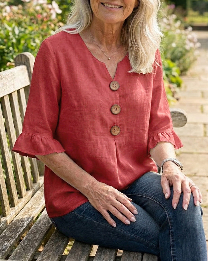 Sophia Blouse unicolor katoen-linnen met houten knopen en volant