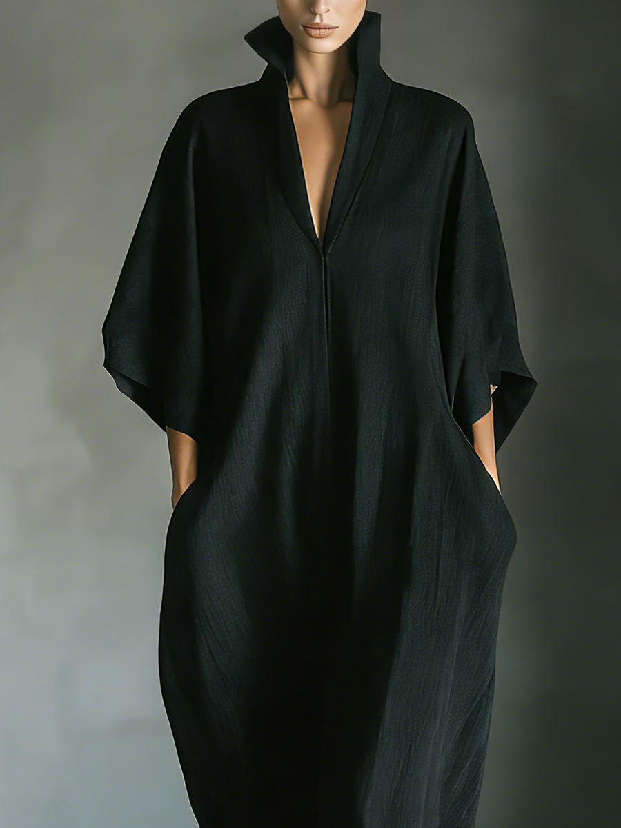 Costanza | Maxi jurk zwart met kimono mouwen en V-hals