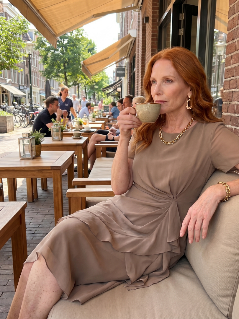 Eira™ | Elegante Midi Jurk met Gelaagde Zoom & Transparante Mouwen
