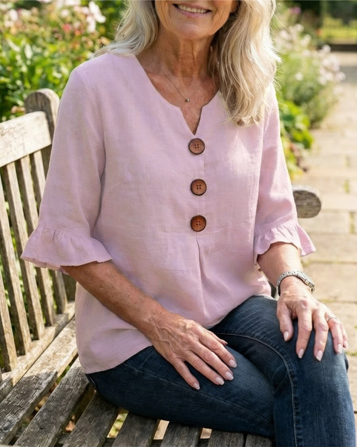 Sophia Blouse unicolor katoen-linnen met houten knopen en volant