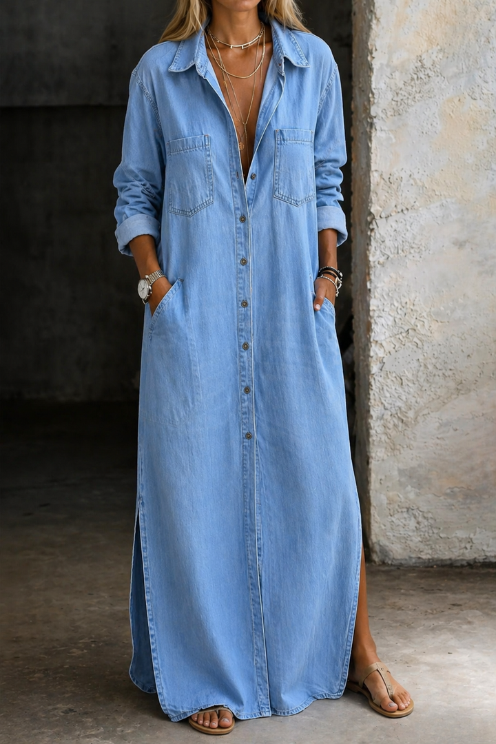 Maura - Denim chemisier jurk met knopen aan de voorkant