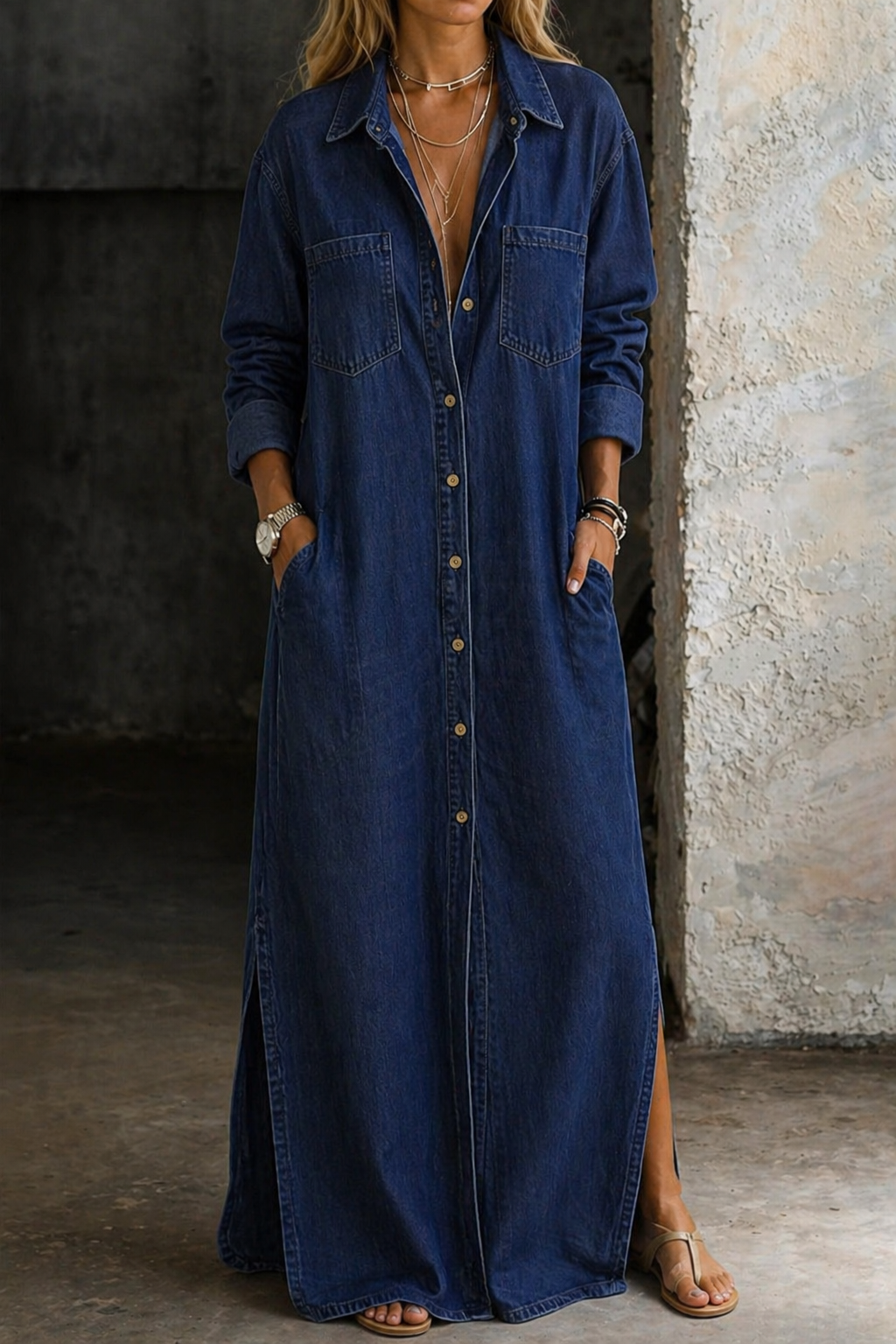 Maura - Denim chemisier jurk met knopen aan de voorkant