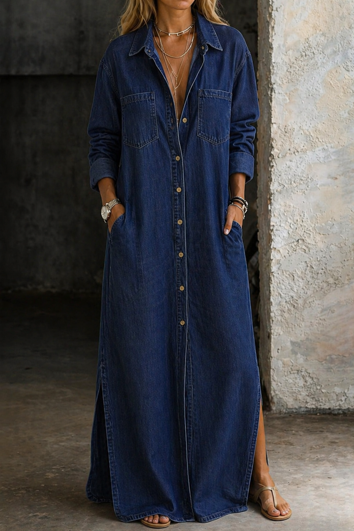 Maura - Denim chemisier jurk met knopen aan de voorkant