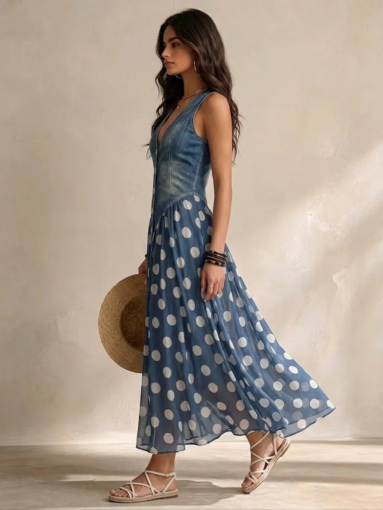 Brenda | Elegante Spijkerjurk met Gevlochten Tule Rok met Stippen