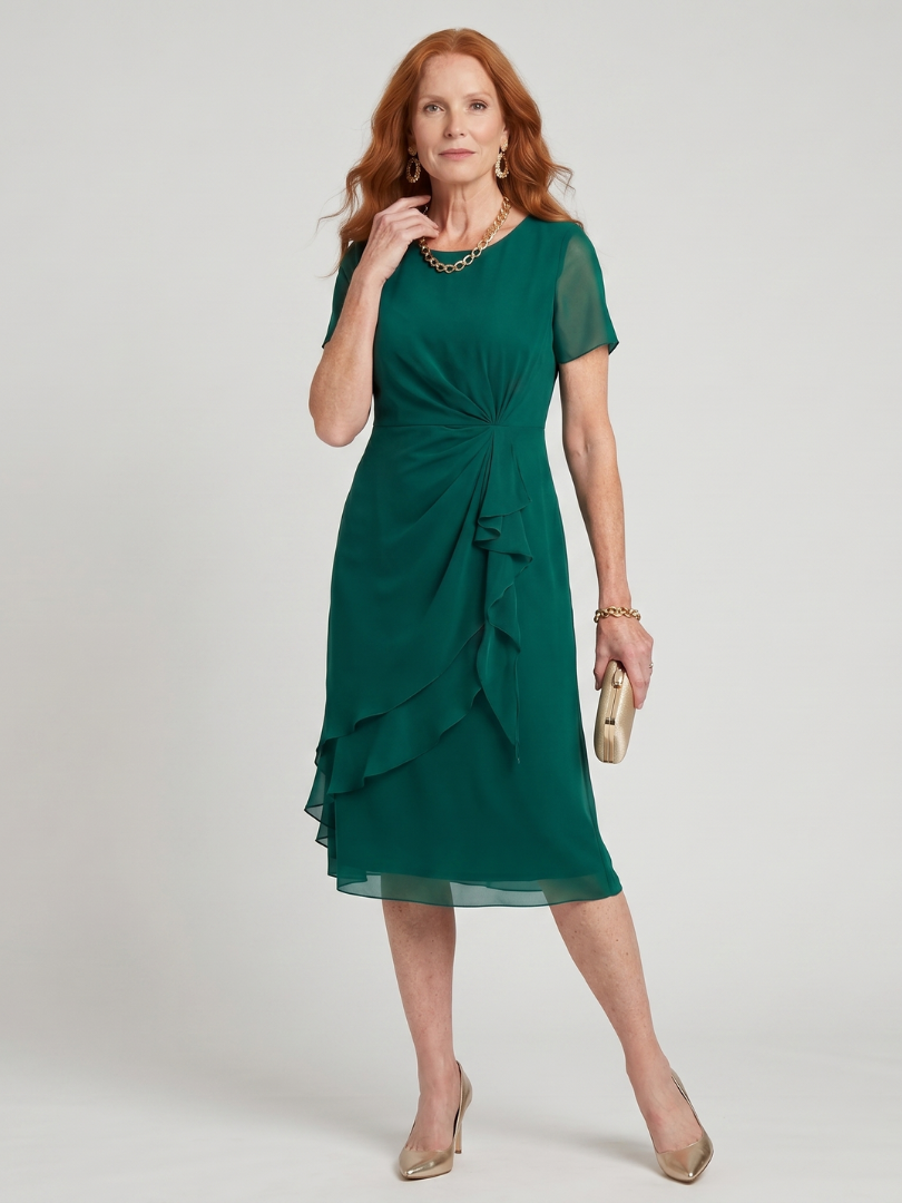 Eira™ | Elegante Midi Jurk met Gelaagde Zoom & Transparante Mouwen