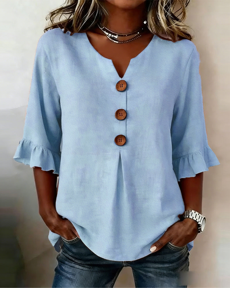 Sophia Blouse unicolor katoen-linnen met houten knopen en volant