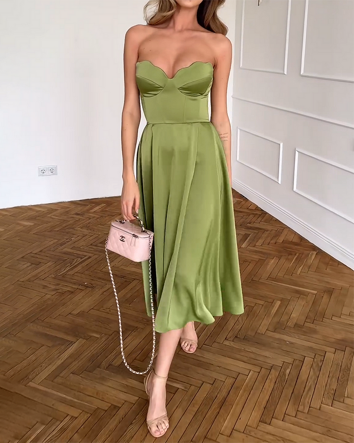 Liora | Elegante Midi Jurk Zonder Schouderbanden