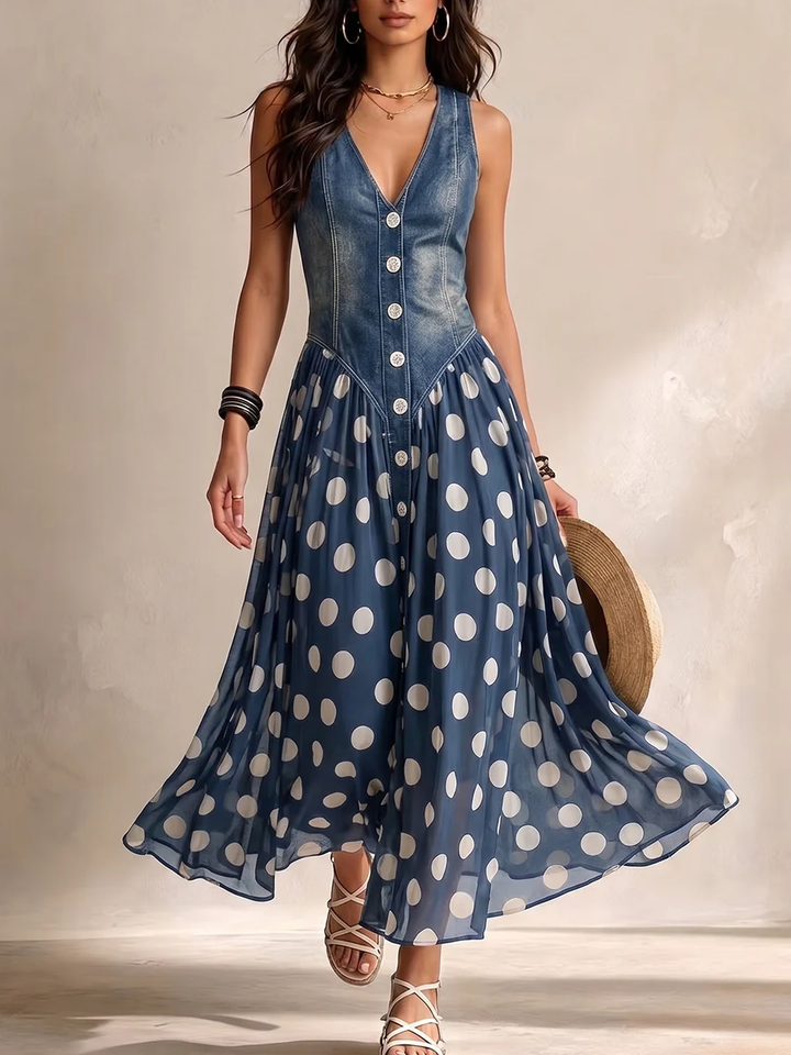 Brenda | Elegante Spijkerjurk met Gevlochten Tule Rok met Stippen