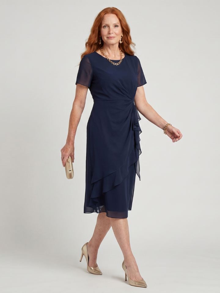 Eira™ | Elegante Midi Jurk met Gelaagde Zoom & Transparante Mouwen