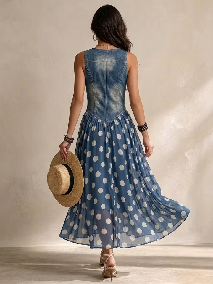 Brenda | Elegante Spijkerjurk met Gevlochten Tule Rok met Stippen