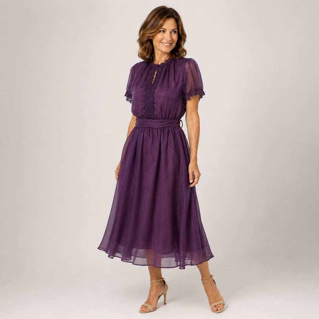 Flavia | Maxi Jurk met Daaldecolleté en Kant Chiffon Rand