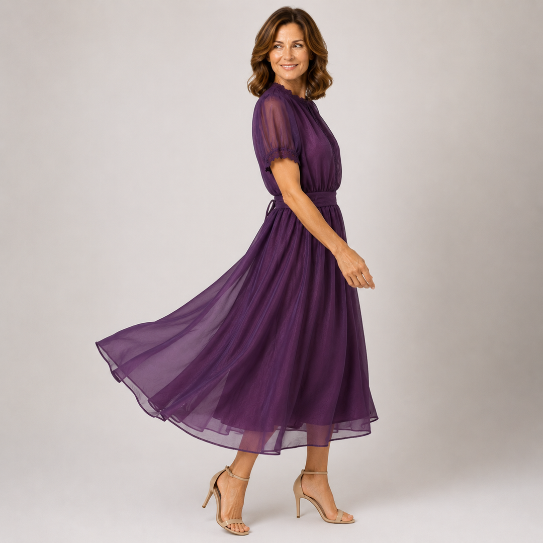 Flavia | Maxi Jurk met Daaldecolleté en Kant Chiffon Rand