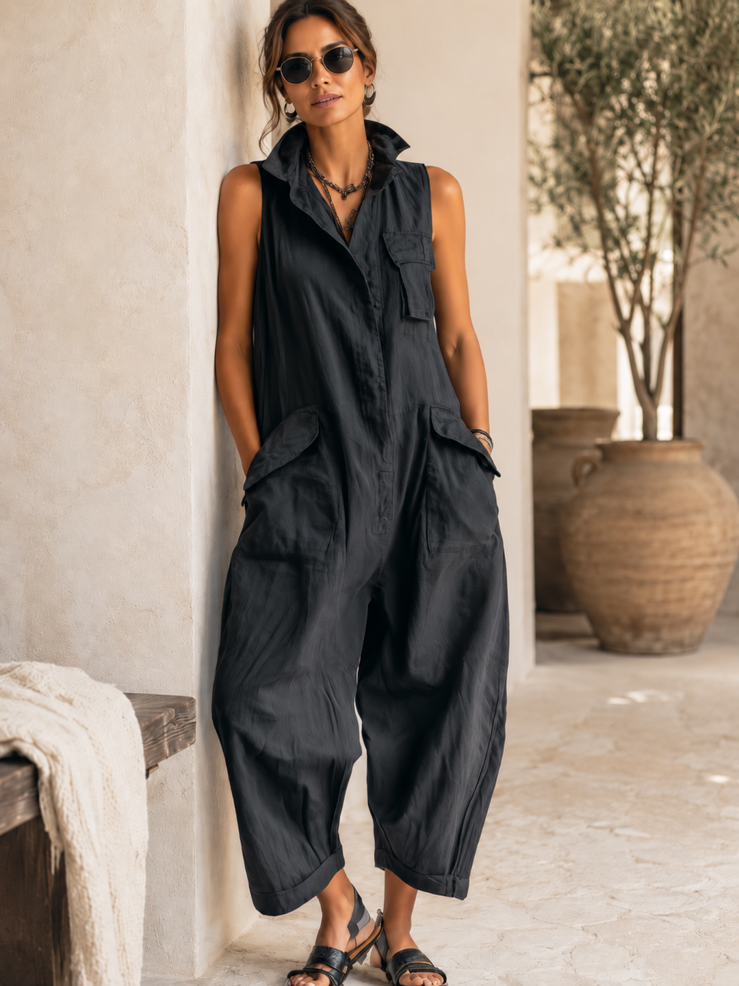 Ilaria - Mouwloze cargopantalon van katoen met een relaxte silhouette