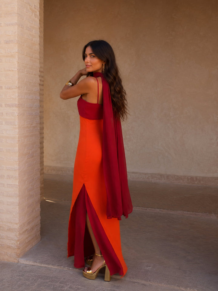 Two-tone draped long dress