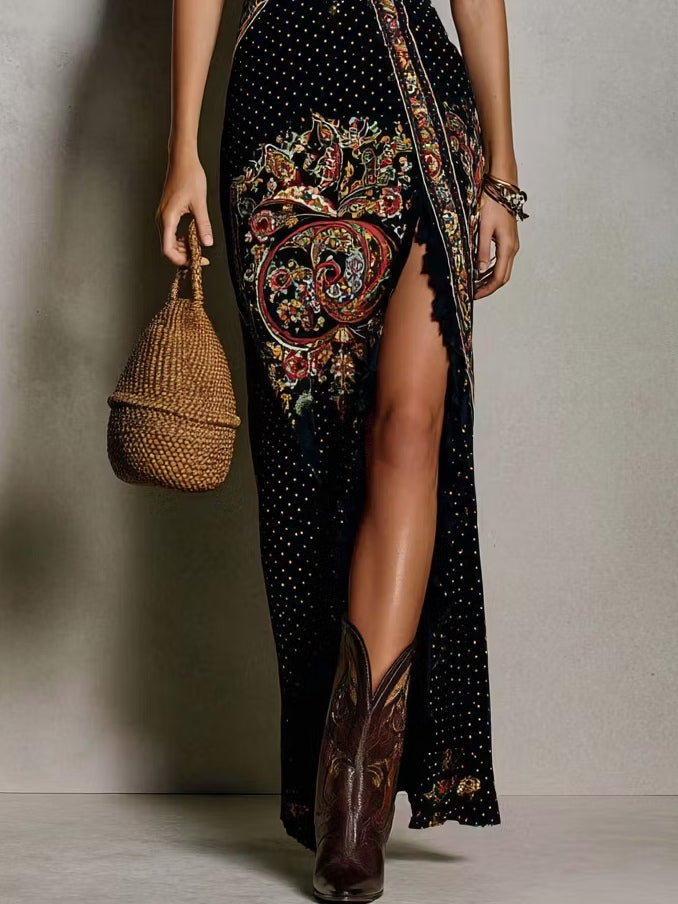 Fiora - Vintage jurk met etnische print en split
