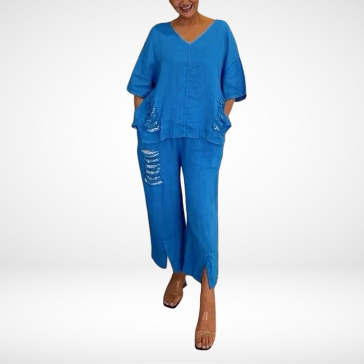 Briella™ Elegante Twee-Delige Zomer Set | V-Hals Top en Wijde Broek
