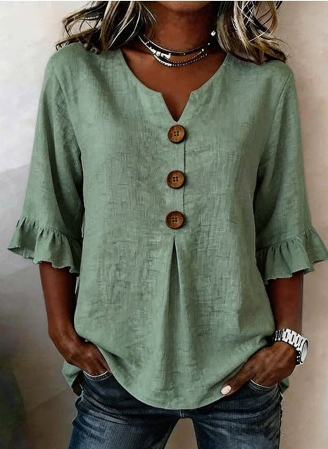 Sophia Blouse unicolor katoen-linnen met houten knopen en volant