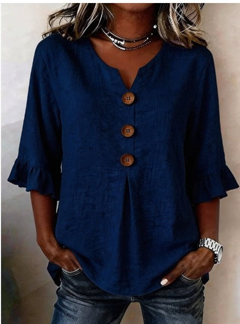 Sophia Blouse unicolor katoen-linnen met houten knopen en volant