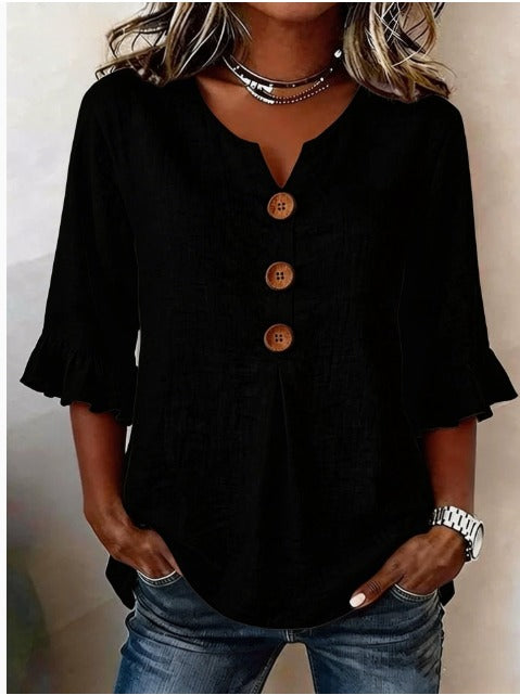 Sophia Blouse unicolor katoen-linnen met houten knopen en volant