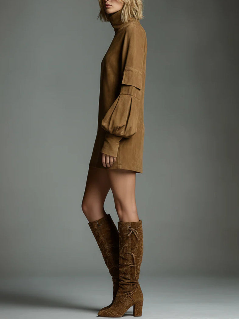 Beli | Losse minijurk van suede met hoge hals