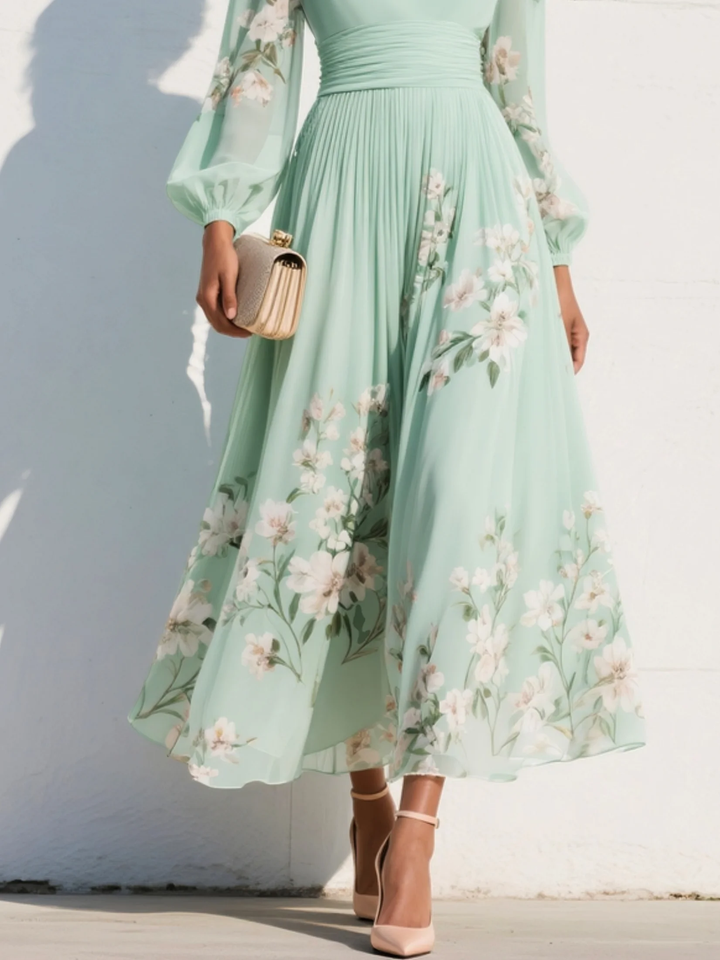 Cisella | Lichtgroene bloemen midi jurk