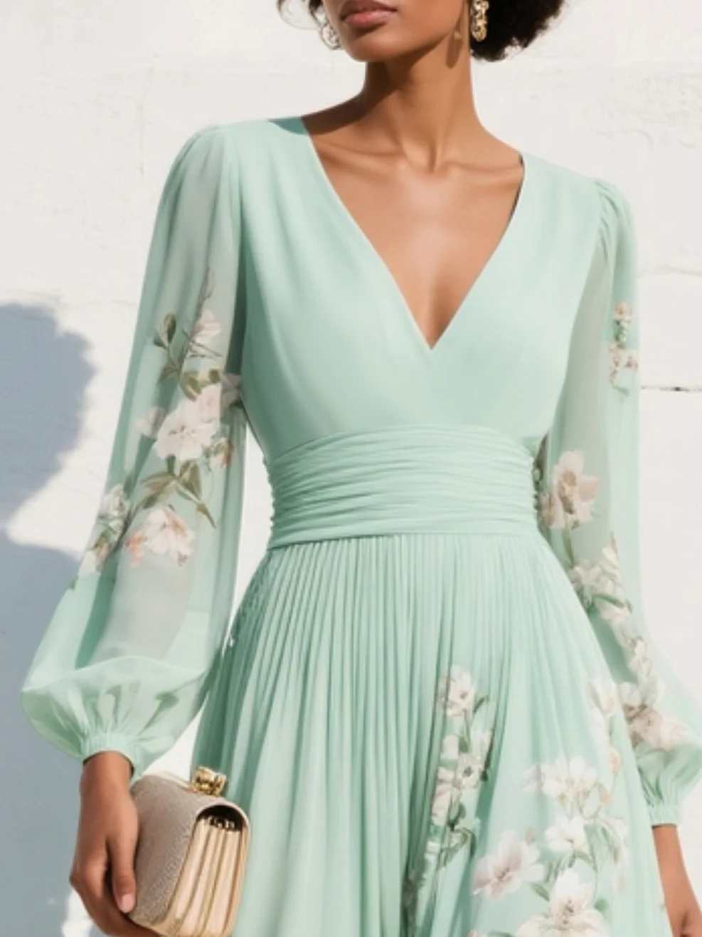 Cisella | Lichtgroene bloemen midi jurk