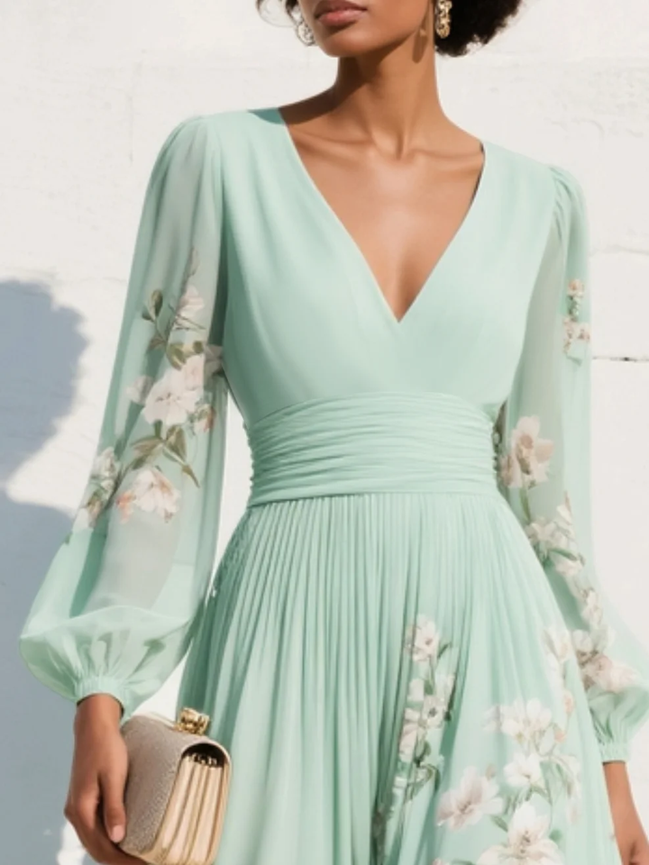 Cisella | Lichtgroene bloemen midi jurk