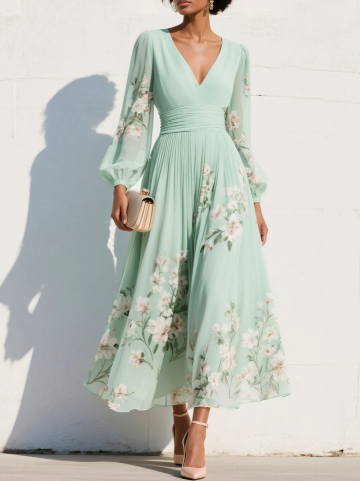 Cisella | Lichtgroene bloemen midi jurk