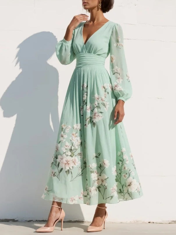 Cisella | Lichtgroene bloemen midi jurk