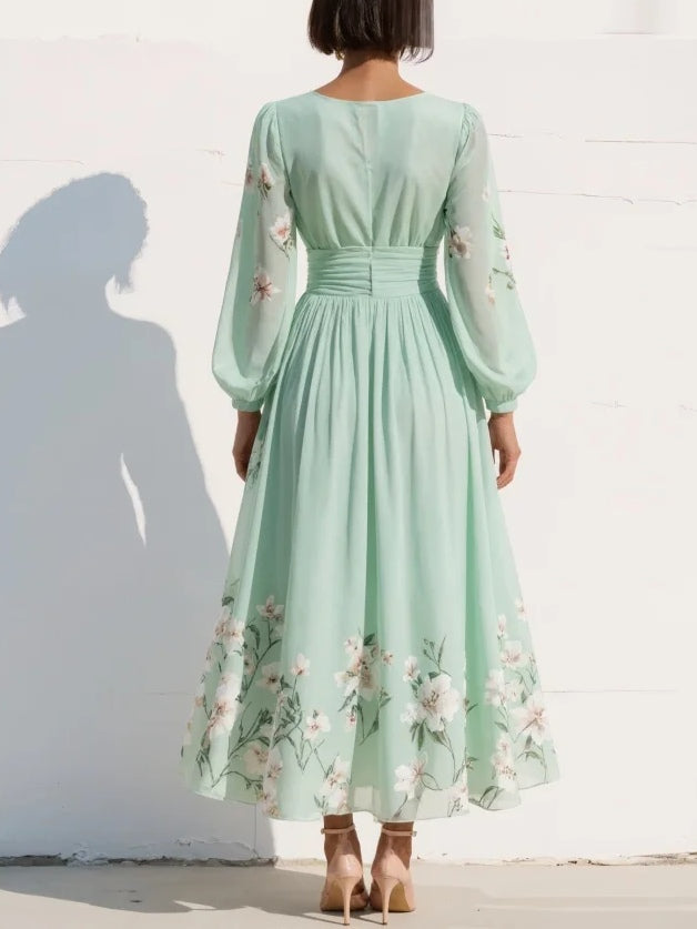 Cisella | Lichtgroene bloemen midi jurk