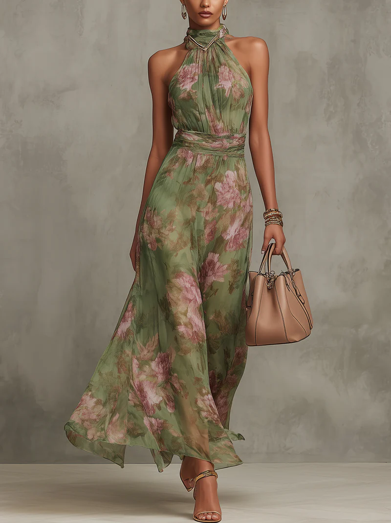 Livia | Elegante Maxi Jurk met Bloemen Halter