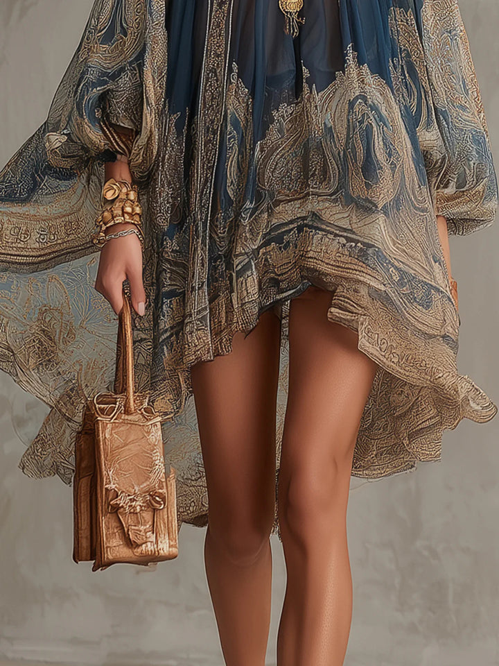 Marianna - Mini jurk in navy chiffon met gouden barokprint