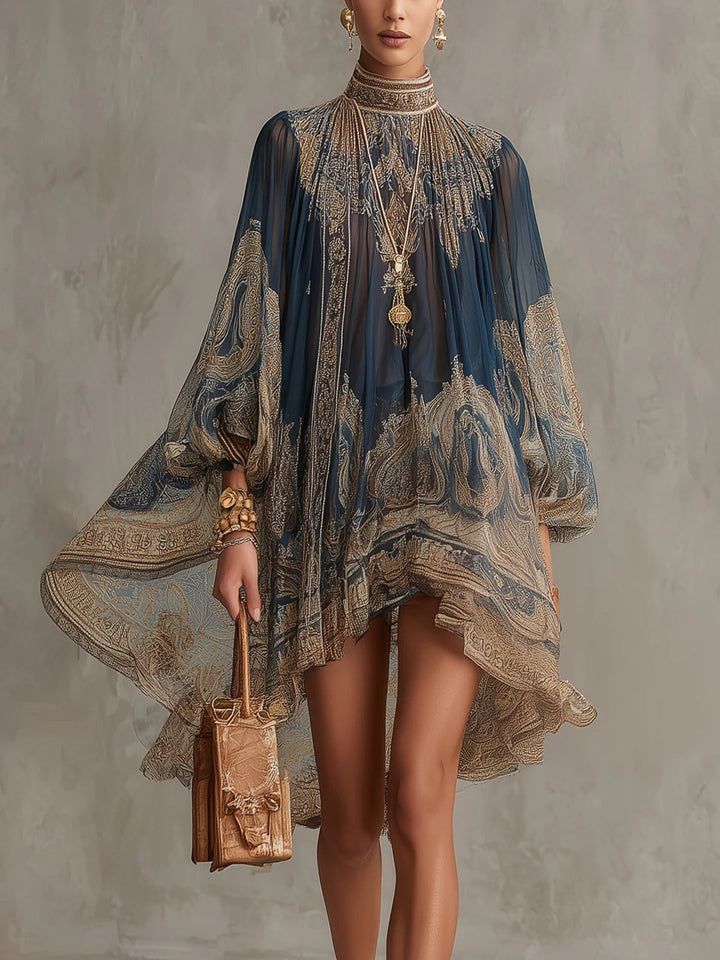 Marianna - Mini jurk in navy chiffon met gouden barokprint