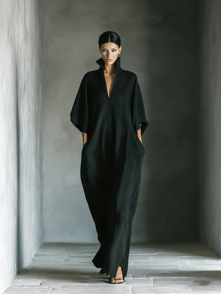 Costanza | Maxi jurk zwart met kimono mouwen en V-hals