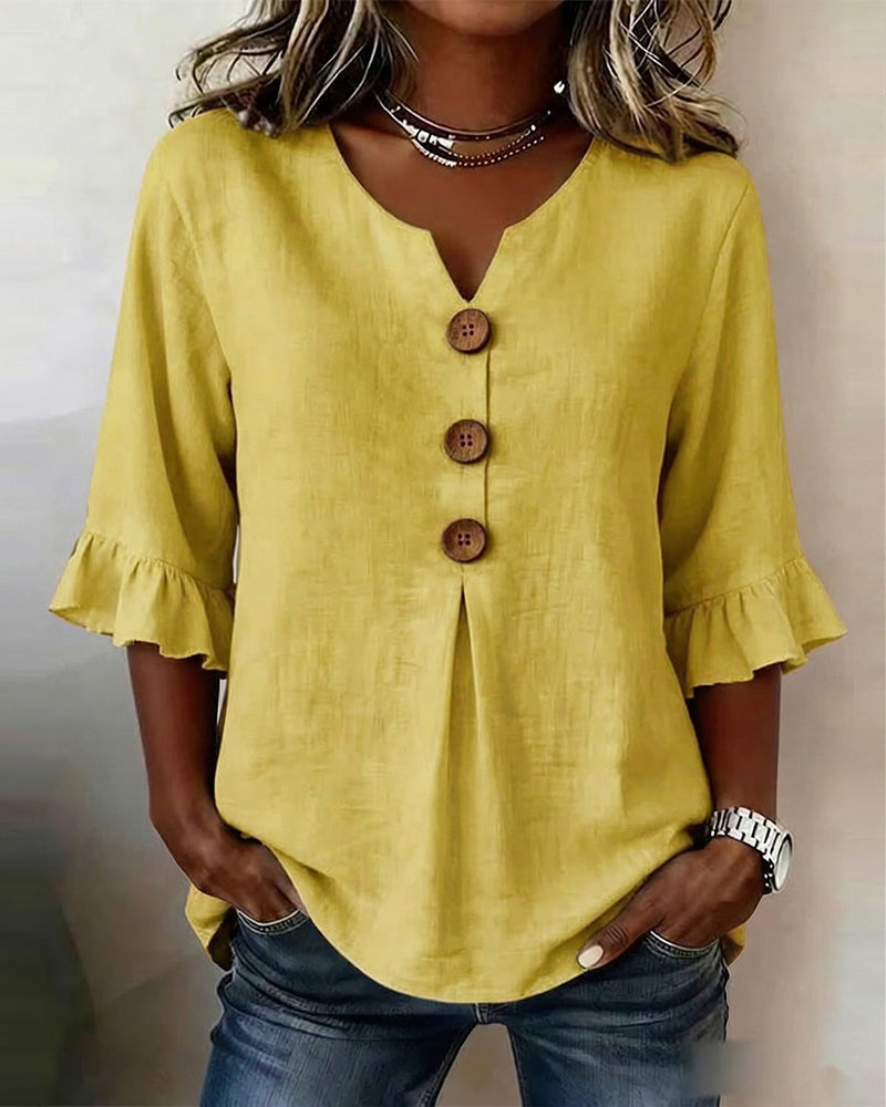Sophia Blouse unicolor katoen-linnen met houten knopen en volant