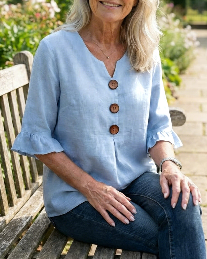 Sophia Blouse unicolor katoen-linnen met houten knopen en volant