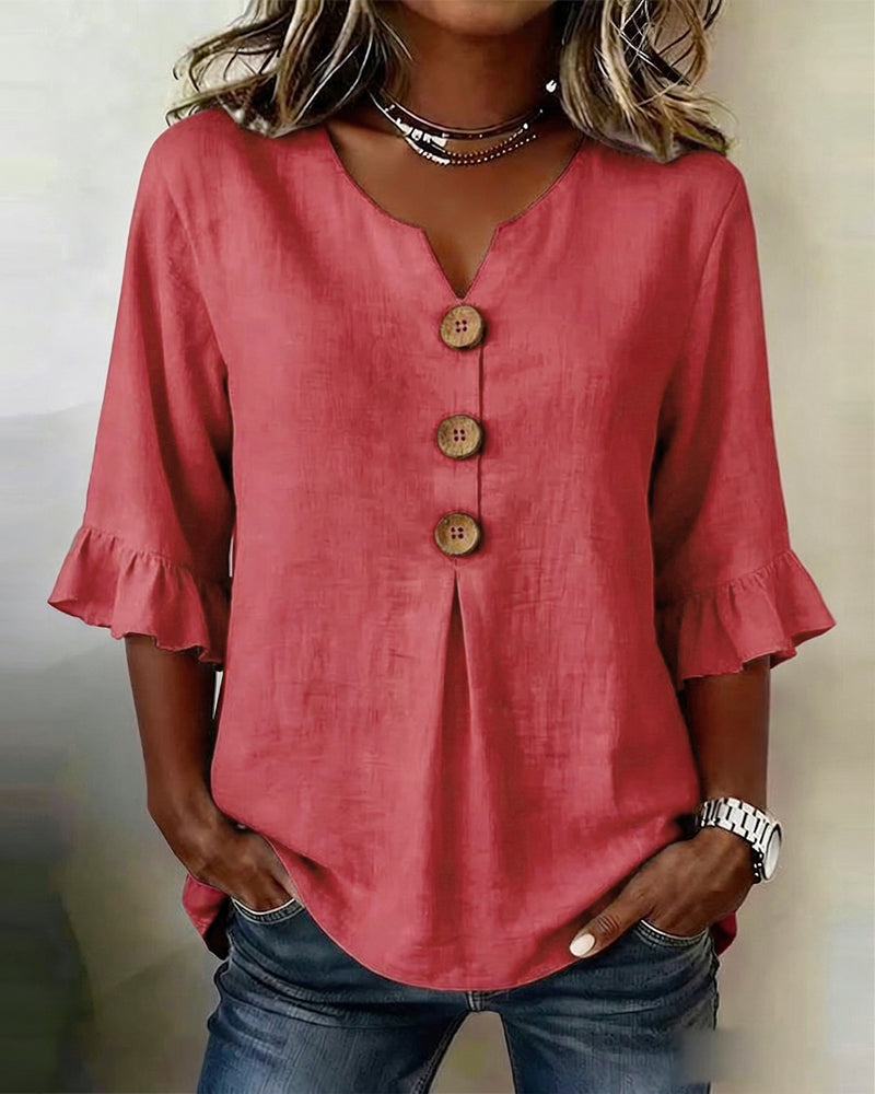 Sophia Blouse unicolor katoen-linnen met houten knopen en volant