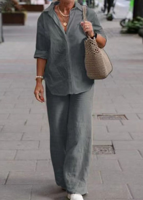 Denice™ Elegante Casual Twee-delige Set | Ontspannen Knopshirt en Wijde Broek