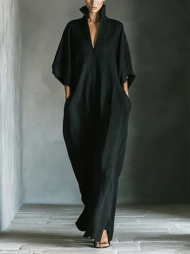 Costanza | Maxi jurk zwart met kimono mouwen en V-hals