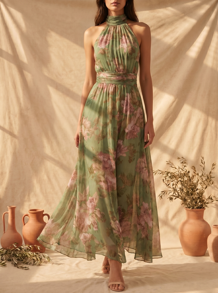 Livia | Elegante Maxi Jurk met Bloemen Halter