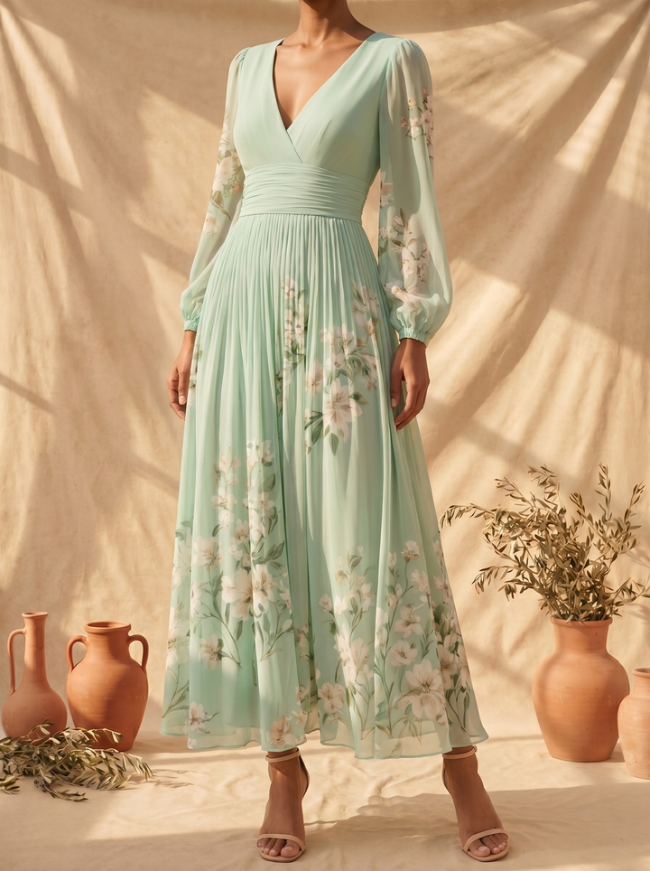 Cisella | Lichtgroene bloemen midi jurk