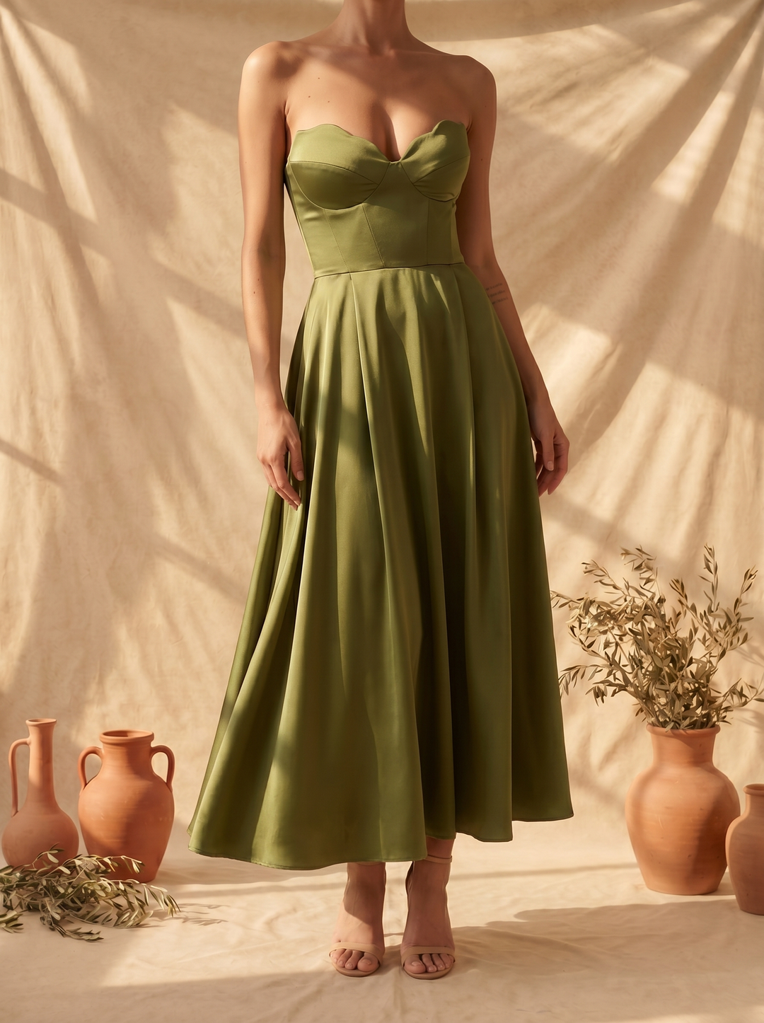 Liora | Elegante Midi Jurk Zonder Schouderbanden
