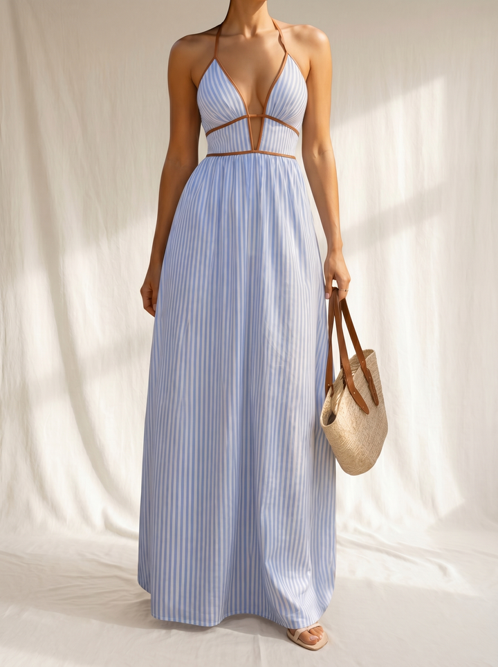 Laurina | Lange Gestreepte Jurk met Cut-out Hals
