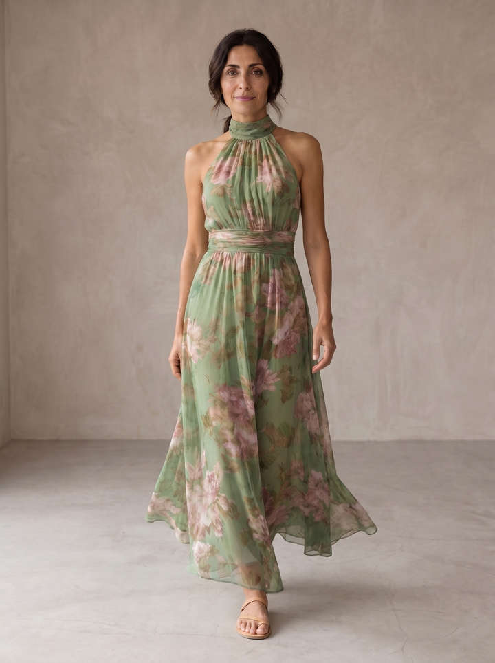 Livia | Elegante Maxi Jurk met Bloemen Halter