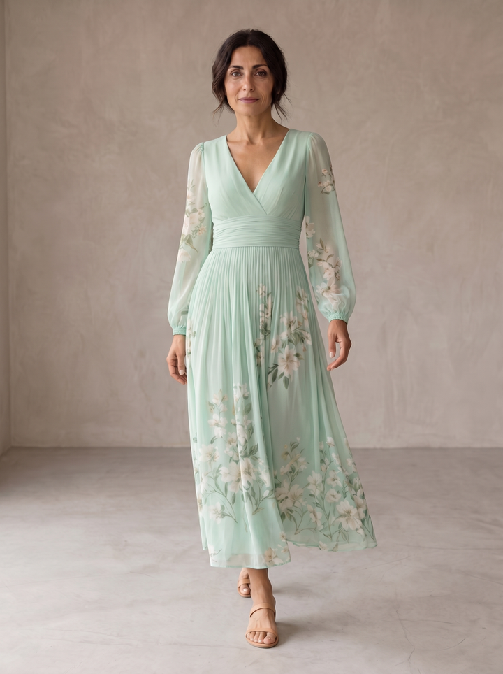 Cisella | Lichtgroene bloemen midi jurk