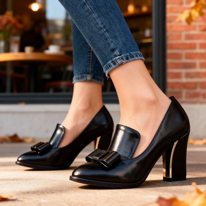 Lucette | Dames Loafer Pumps met Strikdetail en Blokhak