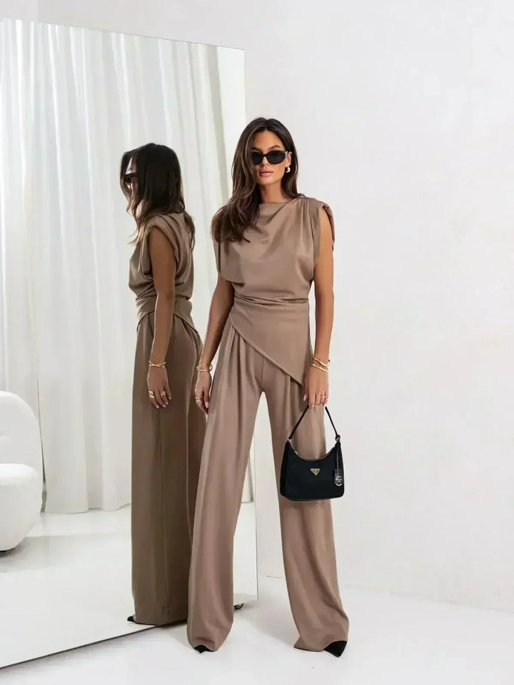 Diann™ Elegante Twee-Delige Set | Gedrapeerde Top en Brede Pijpen Broek