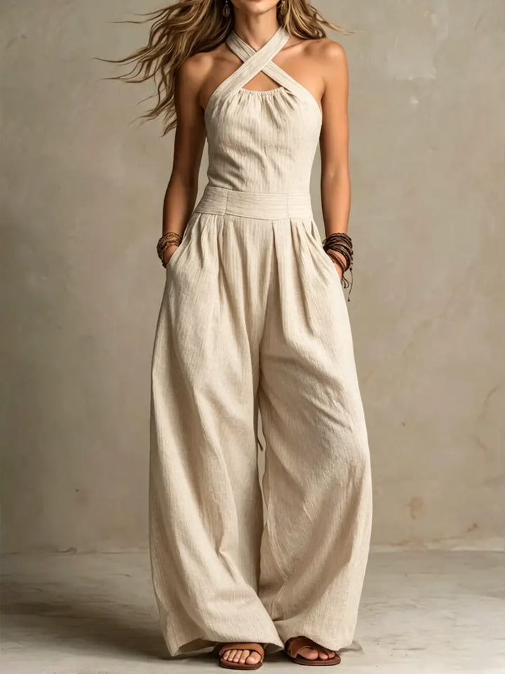 Bianca | Linnen en katoen jumpsuit met elegante kruissluiting